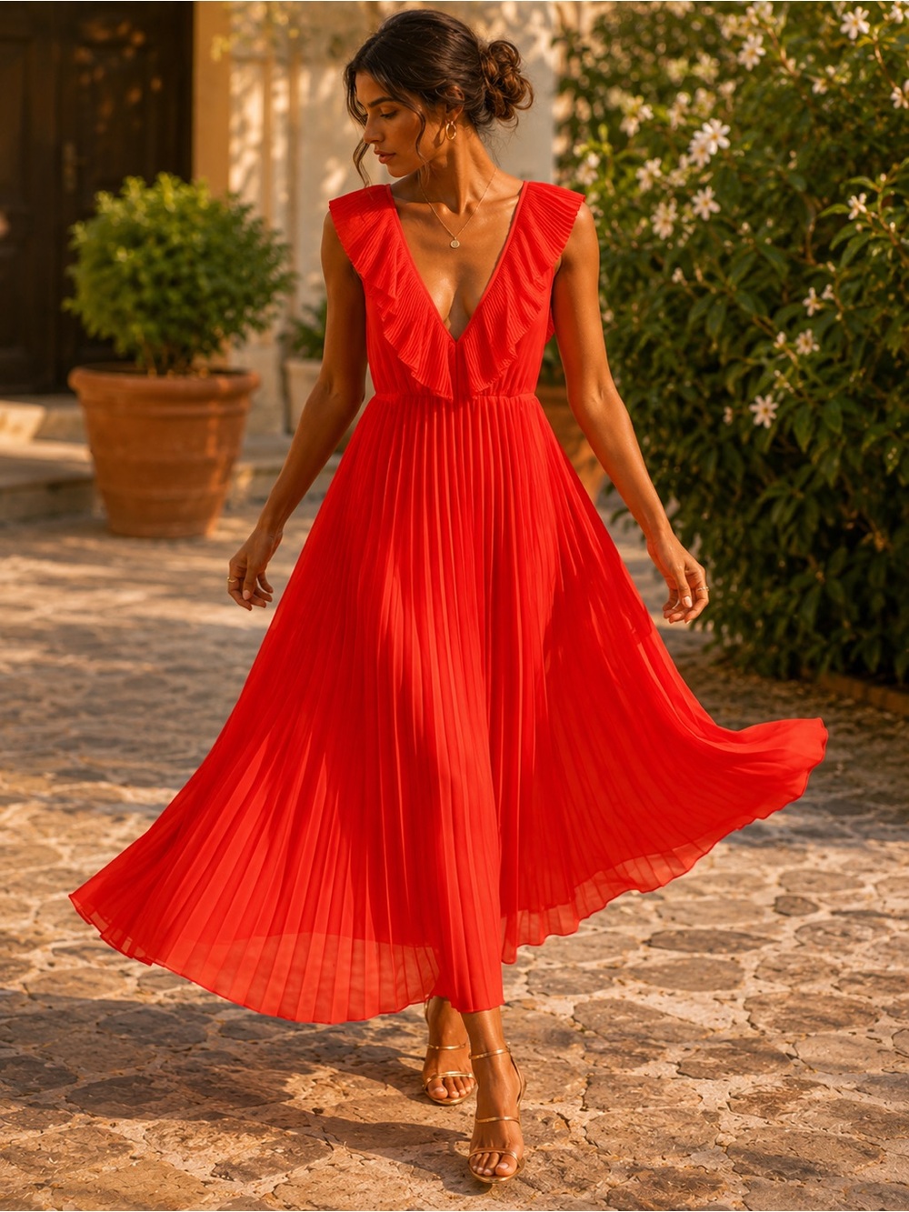 ZARA Red Orange Pleated Maxi Dress Open Back Ruffle Chiffon Size M